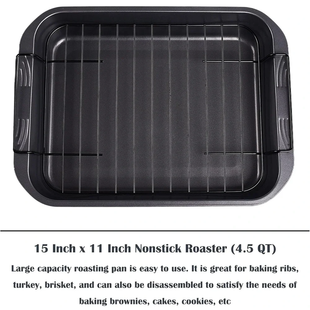 kitCom Bakeware Nonstick Roaster with Rack, 15 Inch x 11 Inch (5.8 QT), Gray